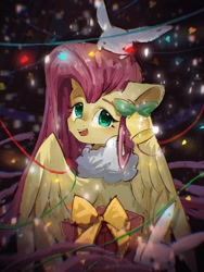 Size: 1620x2160 | Tagged: safe, artist:lendftcn, imported from derpibooru, fluttershy, pegasus, pony, rabbit, animal, christmas, christmas lights, cute, female, floppy ears, holiday, looking at you, mare, open mouth, open smile, present, shyabetes, smiling, smiling at you, solo