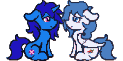 Size: 400x200 | Tagged: safe, artist:bitassembly, imported from derpibooru, oc, oc only, oc:delly, oc:graceful motion, pegasus, pony, unicorn, animated, commission, duo, duo female, eyes closed, female, floppy ears, gif, heart, kiss on the lips, kissing, simple background, sitting, transparent background, ych result