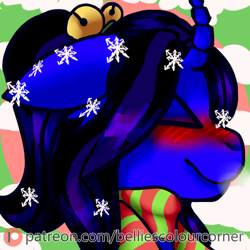 Size: 500x500 | Tagged: safe, artist:trr_bc, imported from derpibooru, oc, oc:alethila, pony, unicorn, advertisement, blue fur, breath, breathing, christmas, clothes, cold, female, hair up, holiday, horn, patreon, patreon logo, patreon preview, patreon reward, profile picture, purple hair, scarf, snow, snowfall, snowflake, solo, unicorn oc, winter, winter outfit