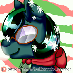 Size: 500x500 | Tagged: safe, artist:trr_bc, imported from derpibooru, oc, oc only, oc:raymond, earth pony, pony, advertisement, breath, breathing, brown mane, bust, christmas, clothes, cold, earth pony oc, glasses, green fur, holiday, male, patreon, patreon logo, patreon preview, patreon reward, profile picture, purple eyes, scarf, snow, snowfall, snowflake, solo