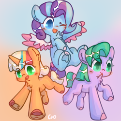 Size: 3543x3543 | Tagged: safe, artist:cro, imported from derpibooru, earth pony, pegasus, pony, unicorn, bow, cute, female, filly, foal, g5, glory (g5), glorydorable, happy, hoof heart, one eye closed, open mouth, peach fizz, peachsweet, pippsqueak trio, pippsqueaks, seashell (g5), shellabetes, tail, tail bow, trio, underhoof