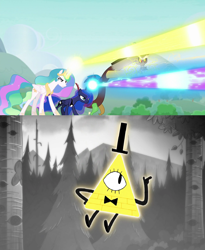 Size: 1280x1562 | Tagged: safe, edit, edited screencap, imported from derpibooru, screencap, discord, princess celestia, princess luna, alicorn, draconequus, the ending of the end, attack, beam, bill cipher, bowtie, crown, gravity falls, grayscale, hat, jewelry, monochrome, regalia, top hat, tree, triangle