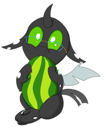 Size: 1296x1578 | Tagged: safe, artist:soccy, imported from derpibooru, oc, oc only, oc:éling chang, changeling, derpibooru community collaboration, 2023 community collab, changeling loves watermelon, cute, cute little fangs, cuteling, fangs, food, glasses, holding, simple background, sitting, solo, transparent background, watermelon