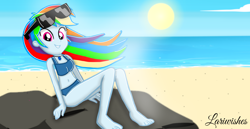 Size: 1980x1020 | Tagged: safe, artist:mlplary6, imported from derpibooru, rainbow dash, human, equestria girls, beach, bikini, clothes, female, glasses, looking at you, rock, smiling, smiling at you, sun, swimsuit