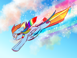 Size: 2224x1668 | Tagged: safe, artist:cozmicgalazy, imported from derpibooru, rainbow dash, pegasus, pony, clothes, cloud, colored hooves, colored underhoof, fanart, female, flying, goggles, grin, hoof heart, mare, rainbow scarf, rainbow trail, scarf, sky, smiling, solo, sparkles, tail, underhoof, windswept mane, windswept tail