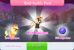 Size: 1269x855 | Tagged: safe, imported from derpibooru, applejack, kirin, nirik, applejack's hat, bundle, cloven hooves, costs real money, cowboy hat, duality, english, fangs, female, fire, gameloft, hat, horn, kirin applejack, kirin-ified, magic coins, mane of fire, mobile game, my little pony: magic princess, numbers, official, sale, species swap, text