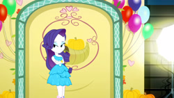 Size: 3072x1727 | Tagged: safe, imported from derpibooru, screencap, rarity, human, a photo booth story, eqg summertime shorts, equestria girls, balloon, bare shoulders, bracelet, canterlot high, crossed arms, fall formal outfits, female, frown, high res, jewelry, sleeveless, solo