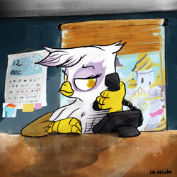 Size: 3000x3000 | Tagged: safe, artist:widelake, imported from derpibooru, gilda, griffon, calendar, canterlot, office, phone call, solo, window