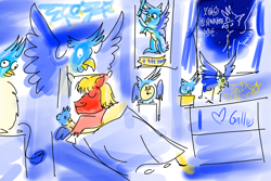 Size: 4200x2800 | Tagged: safe, artist:horsesplease, imported from derpibooru, gallus, sprout cloverleaf, earth pony, griffon, pony, unown, alarm clock, blue, brony, clock, constellation, doodle, dream art, fanboy, g5, gallus the rooster, gallusposting, in-universe brony, obsession, pokémon, sleeping, smiling, stylistic suck, when he smiles