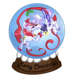 Size: 1280x1280 | Tagged: safe, artist:ladylullabystar, imported from derpibooru, oc, oc only, oc:cinnamon lightning, oc:cinny, oc:lullaby star, pegasus, pony, unicorn, female, kissing, mare, simple background, snow globe, transparent background