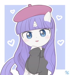 Size: 1800x1928 | Tagged: safe, artist:auntie_grub, imported from derpibooru, rarity, pony, unicorn, abstract background, beatnik rarity, beret, clothes, female, french rarity, hat, heart, horn, looking at you, mare, simple background, solo, sweater, white background