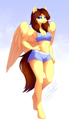 Size: 804x1443 | Tagged: safe, artist:scarlet-spectrum, imported from derpibooru, oc, oc only, oc:lucy harmony, anthro, pegasus, unguligrade anthro, belly button, breasts, eyeshadow, female, makeup, pegasus oc, reasonably sized breasts, solo