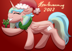 Size: 3508x2480 | Tagged: safe, artist:exobass, imported from derpibooru, oc, oc:hammonia, alicorn, pony, alicorn oc, christmas, eyes closed, female, grin, hamburg, hat, holiday, horn, mare, mascot, meetup, present, santa hat, smiling, solo, wings