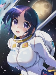 Size: 512x682 | Tagged: safe, editor:sammykun, imported from derpibooru, twilight sparkle, human, equestria girls, ai content, ai generated, astronaut, breasts, bust, busty twilight sparkle, clothes, female, generator:novelai, generator:stable diffusion, humanized, looking at you, moon, open mouth, open smile, smiling, solo, space station, spacesuit