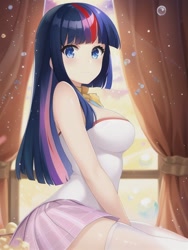 Size: 512x682 | Tagged: safe, editor:sammykun, imported from derpibooru, twilight sparkle, human, ai content, ai generated, bare shoulders, breasts, busty twilight sparkle, clothes, female, generator:novelai, generator:stable diffusion, humanized, looking at you, sideboob, sitting, skirt, sleeveless, socks, solo, thigh highs, white shirt, window