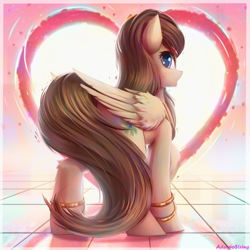 Size: 2000x2000 | Tagged: safe, artist:adagiostring, imported from derpibooru, oc, oc only, oc:oasis (renix), pegasus, pony, accessory, brown mane, commission, cute, female, heart, looking at you, love, mare, metal, pegasus oc, shocked, solo, standing, ych result