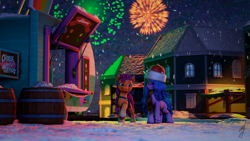 Size: 3840x2160 | Tagged: safe, artist:retro0range, imported from derpibooru, izzy moonbow, sunny starscout, earth pony, pony, unicorn, 3d, barrel, christmas, female, fireworks, g5, hat, hearth's warming eve, holiday, looking at each other, looking at someone, mare, maretime bay, night, raised hoof, santa hat, smiling, snow, source filmmaker, unshorn fetlocks