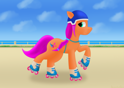 Size: 3508x2480 | Tagged: safe, artist:samenandsam, imported from derpibooru, sunny starscout, earth pony, pony, female, g5, helmet, high res, looking back, mare, my little pony: a new generation, roller skates, simple background, skating, smiling, solo