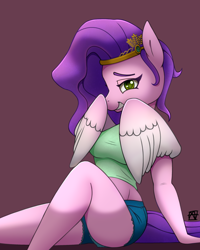 Size: 2000x2500 | Tagged: safe, artist:naen, imported from derpibooru, pipp petals, anthro, pegasus, plantigrade anthro, adorapipp, adorasexy, breasts, busty pipp petals, clothes, covering face, cowering, cute, denim, denim shorts, female, g5, laughing, mare, midriff, sexy, shirt, shorts, simple background, sitting, solo, stupid sexy pipp petals, t-shirt, wings