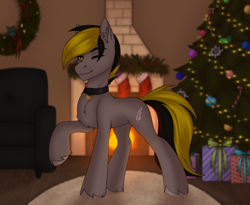 Size: 2111x1728 | Tagged: safe, alternate version, artist:enderbee, imported from derpibooru, oc, oc only, oc:lightpeace, earth pony, pony, blurry background, carpet, chest fluff, christmas, christmas lights, christmas stocking, christmas tree, collar, colored, commission, ear fluff, fireplace, full body, holiday, hooves, multicolored hair, raised hoof, sketch, tree