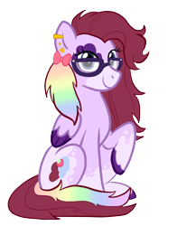 Size: 1988x2536 | Tagged: safe, artist:queertrixie, derpibooru exclusive, imported from derpibooru, oc, oc:maiberry, derpibooru community collaboration, 2023 community collab, bow, ear piercing, earring, female, glasses, hair bow, jewelry, mare, multicolored hair, piercing, rainbow hair, raised hoof, simple background, sitting, solo, transparent background, unshorn fetlocks