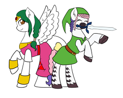 Size: 2434x1928 | Tagged: safe, artist:hayley566, artist:icicle-wicicle-1517, imported from derpibooru, oc, oc only, oc:olivia leaf, oc:zuri sambo, pegasus, pony, zebra, derpibooru community collaboration, 2023 community collab, belt, bipedal, bow, bracelet, clothes, collaboration, cosplay, costume, dress, duo, eyes closed, female, hat, jewelry, link, mare, master sword, mouth hold, princess zelda, raised hoof, shirt, simple background, skirt, sword, tail, tail bow, the legend of zelda, transparent background, unshorn fetlocks, weapon, zebra oc