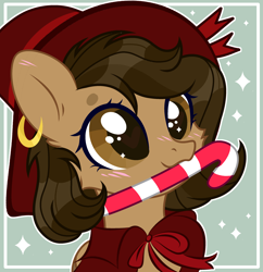Size: 2634x2720 | Tagged: safe, artist:mint-light, artist:sarahsuresh-art, imported from derpibooru, oc, oc only, oc:hazelnut brew, pegasus, pony, base used, blushing, bust, candy, candy cane, commission, ear piercing, earring, female, food, hat, jewelry, pegasus oc, piercing, solo, witch, witch hat, ych result