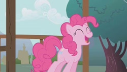 Size: 960x540 | Tagged: safe, imported from derpibooru, screencap, pinkie pie, earth pony, pony, eyes closed, open mouth, open smile, smiling, solo
