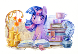 Size: 1448x1000 | Tagged: safe, artist:maytee, imported from derpibooru, part of a set, twilight sparkle, alicorn, pony, book, candle, cup, cute, feather, female, fire, folded wings, horn, inkwell, looking at you, mare, simple background, sitting, smiling, smiling at you, solo, stars, traditional art, twiabetes, twilight sparkle (alicorn), white background, wings