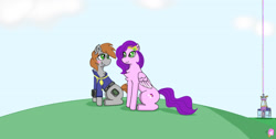 Size: 1641x828 | Tagged: safe, artist:nismorose, imported from derpibooru, pipp petals, oc, oc:littlepip, pegasus, pony, unicorn, derpibooru, fallout equestria, adorapipp, belt, blue sky, blushing, chest fluff, clothes, cloud, colored wings, crown, cute, ear fluff, earth pony oc, fanfic, fanfic art, fanfic in the description, female, g5, grass, grass field, heart, heart eyes, jacket, jewelry, lighthouse, link in description, mare, messy mane, meta, my little pony: a new generation, my little pony: tell your tale, namesake, outdoors, pun, rainbow, regalia, smiling, tags, two toned wings, visual pun, wingding eyes, wings, youtube, youtube link