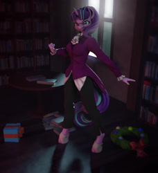 Size: 3227x3541 | Tagged: safe, alternate version, artist:chyvak, imported from derpibooru, snowfall frost, starlight glimmer, anthro, unguligrade anthro, unicorn, a hearth's warming tail, 3d, blender, blender cycles, bookshelf, female, glasses, hearth's warming, solo