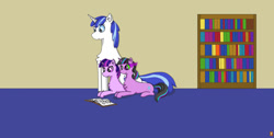 Size: 1639x828 | Tagged: safe, artist:nismorose, imported from derpibooru, shining armor, twilight sparkle, oc, oc:twivine sparkle, unicorn, derpibooru, book, bookshelf, chest fluff, dark magic, ear fluff, eye mist, eyebrows, fanfic, fanfic art, fanfic in the description, female, filly, foal, green eyes, indoors, link in description, magic, male, meta, raised eyebrow, reading, siblings, sisters, slit pupils, smiling, stallion, tags, teen shining armor, teenager, twin sisters, twins, twivine sparkle