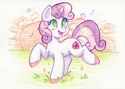 Size: 2076x1471 | Tagged: safe, artist:dandy, imported from derpibooru, sweetie belle, pony, unicorn, abstract background, blushing, chest fluff, colored pencil drawing, colored pupils, cute, diasweetes, ear fluff, female, filly, foal, grass, happy, horn, music notes, no pupils, open mouth, open smile, smiling, solo, standing on two hooves, traditional art, unshorn fetlocks