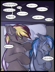 Size: 2500x3300 | Tagged: safe, artist:snowstormbat, imported from derpibooru, oc, oc only, oc:arden heatwave, oc:midnight snowstorm, bat pony, pony, comic:old habits, bed, comic, dialogue, male, siblings, size difference, stallion