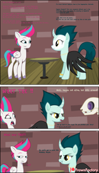 Size: 2969x5158 | Tagged: safe, artist:frownfactory, imported from derpibooru, zipp storm, oc, pegasus, pony, skeleton pony, undead, unicorn, bone, bracelet, cloak, clothes, comic, curved horn, dialogue, female, g5, grin, horn, jewelry, mare, my little pony: tell your tale, shocked, skeleton, smiling, table, text, unicorn oc, vector, wings