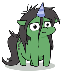 Size: 487x545 | Tagged: safe, artist:jargon scott, imported from derpibooru, oc, oc only, oc:anon-mare, earth pony, pony, fat, female, floppy ears, frown, hat, mare, party hat, simple background, solo, squatpony, white background