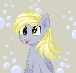 Size: 3228x3096 | Tagged: safe, artist:fa11en, imported from derpibooru, derpy hooves, pegasus, pony, :p, bubble, chest fluff, cute, derpabetes, female, mare, solo, tongue out