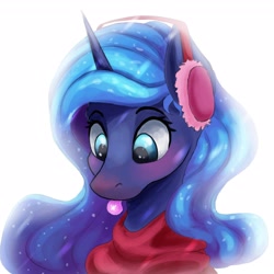 Size: 2944x2949 | Tagged: safe, artist:ryanmandraws, imported from derpibooru, princess luna, alicorn, pony, :p, blushing, bust, catching snowflakes, christmas, clothes, cute, earmuffs, ethereal mane, female, holiday, lunabetes, mare, mlem, portrait, scarf, silly, snow, snowfall, snowflake, solo, tongue out, winter