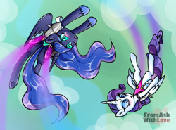 Size: 1038x770 | Tagged: safe, artist:loverashley, imported from derpibooru, princess luna, rarity, alicorn, alicornified, blushing, clothes, cloud, duo, duo female, female, flying, jetpack, leotard, open mouth, race swap, raricorn, rarity is not amused, unamused