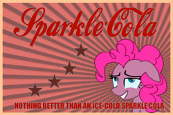 Size: 1095x730 | Tagged: safe, artist:dddromm, imported from derpibooru, pinkie pie, earth pony, pony, fallout equestria, advertisement, eyes rolling back, poster, solo, sparkle cola, text