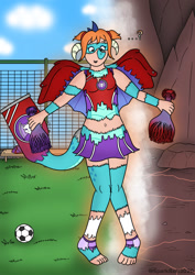Size: 1024x1449 | Tagged: safe, artist:sparkbolt3020, imported from derpibooru, princess ember, human, ball, commission, dragon to human, female, soccer field, solo, story in the source, transformation, transformation sequence