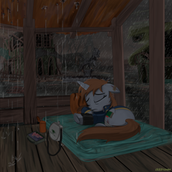 Size: 2000x2000 | Tagged: safe, artist:dddromm, imported from derpibooru, oc, oc only, oc:littlepip, pony, unicorn, fallout equestria, butt, canteen, ears back, female, mare, mattress, plot, ponyville, rain, ruins, sad, sleeping, solo, stable-tec