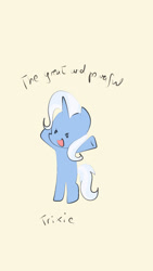 Size: 1080x1920 | Tagged: safe, artist:andromedasparkz, imported from derpibooru, trixie, pony, unicorn, chibi, female, mare, missing accessory, simple background, solo, yellow background