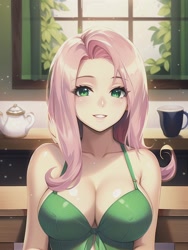 Size: 512x682 | Tagged: safe, imported from derpibooru, fluttershy, human, equestria girls, bare shoulders, breasts, bust, busty fluttershy, cafe, cleavage, clothes, coffee shop, date, dress, green dress, humanized, looking at you, machine learning generated, novelai, sleeveless, smiling, stable diffusion