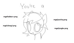Size: 686x400 | Tagged: safe, artist:omelettepony, oc, oc only, oc:filly anon, earth pony, pony, female, filly, link, looking at you, monochrome, open mouth, open smile, shitposting, simple background, smiling, smiling at you, solo, text, white background