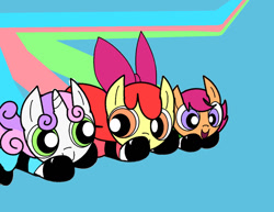 Size: 1400x1080 | Tagged: safe, artist:andromedasparkz, imported from derpibooru, apple bloom, scootaloo, sweetie belle, earth pony, pegasus, pony, unicorn, cutie mark crusaders, female, filly, foal, the powerpuff girls, trio