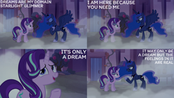 Size: 4400x2475 | Tagged: safe, edit, edited screencap, editor:quoterific, imported from derpibooru, screencap, princess luna, starlight glimmer, to where and back again, dream, our town