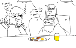 Size: 1224x784 | Tagged: safe, artist:tjpones, imported from derpibooru, oc, oc only, oc:anon-mare, oc:jargon scott, earth pony, pony, bacon, black and white, dialogue, diner, drink, duo, female, food, fried egg, grayscale, hat, hoof hold, juice, male, mare, meat, monochrome, orange juice, partial color, stallion, sunglasses, waitress
