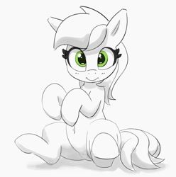 Size: 1192x1200 | Tagged: safe, artist:pabbley, imported from derpibooru, roseluck, earth pony, pony, belly button, grayscale, looking at you, monochrome, partial color, simple background, sitting, smiling, smiling at you, solo, white background