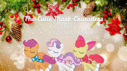 Size: 1920x1080 | Tagged: safe, edit, imported from derpibooru, apple bloom, scootaloo, sweetie belle, earth pony, pegasus, pony, unicorn, christmas, clothes, cutie mark crusaders, eyes closed, female, filly, foal, holiday, ice skates, ornament, pinecone, scarf, snow, snowfall, striped scarf, trio, winter